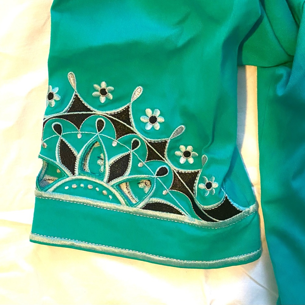 Bob Mackie Wearable Art Teal Green Laser Cut Embroidered Zip up Jacket - Picture 8 of 8